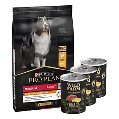 Purina Pro Plan Medium Adult Optibalance, vištiena ir ryžiai 14kg + Wild Farm Monoprotein Wild Boar 3x400g hipoalerginis šunų ėdalas