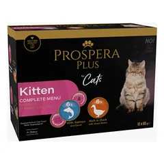 Prospera Plus Cat Kitten Complete Menu Salmon & Carrot and Duck & Green Beans in Gravy 12 x 85 g parduotuvėje petreon.lt