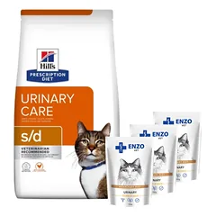 HILL'S PD Prescription Diet Feline s/d Urinary Care 3kg + ENZO VET šlapalas su vištiena padaže katėms 3x100g