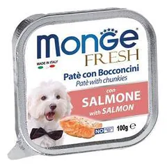 Monge Fresh paštetas ir gabaliukai su lašiša, drėgnas maistas šunims 100 g parduotuvėje petreon.lt