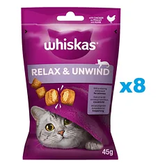 WHISKAS Atsipalaidavimas ir ramybė 8 x 45 g – skanėstas su vištiena katėms.