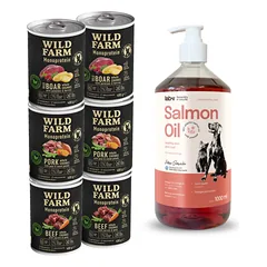 Wild Farm Monoprotein skonių mišinys 6x400g hipoalerginis šunų ėdalas + LAB V Lašišų aliejus šunims ir katėms 1000ml