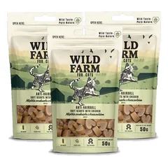 WILD FARM minkštos vištienos širdelės 3x50g kačių skanėstai nuo plaukų kamuolių
