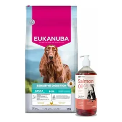 EUKANUBA Special Care Sensitive Digestion suaugusiems šunims su jautria virškinimo sistema, 12 kg + LAB V Lašišų aliejus šunims ir katėms 1000ml
