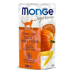 Monge Supreme Adult tuno gabaliukai su moliūgais ir mini kukurūzais, drėgnas maistas katėms 80 g