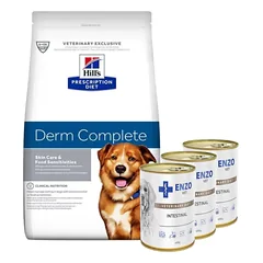 HILL'S PD Prescription Diet Canine Derm Complete 12kg + ENZO VET Žarnyno dieta šunims su ėriena 3x400g