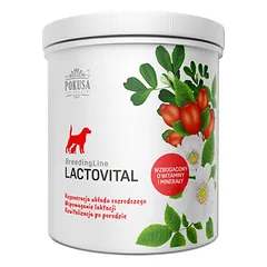 Pokusa BreedingLine LactoVital - vitaminų preparatas, skatinantis laktaciją, regeneruojantis reprodukcinę sistemą ir gerinantis maitinančių kalių būklę.
