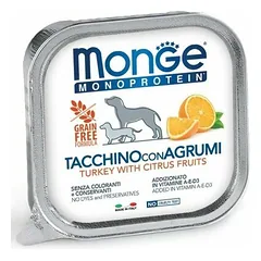 Monge Monoprotein Fruits paštetas su kalakutiena ir citrusiniais vaisiais, drėgnas maistas šunims 150 g