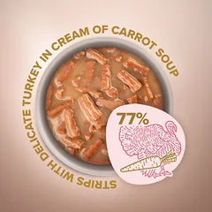 CLUB 4 PAWS Premium plus juostelės suaugusioms katėms su kalakutiena kreminėje morkų sriuboje 12x85 gr, 12x80 gr — 3 nuotrauka