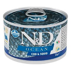 Farmina N&D Ocean Codfish Squid Mini drėgnas maistas suaugusiems šunims su menke ir kalmarais, 140 g