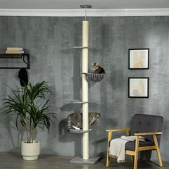 Kačių draskyklė iki lubų su hamaku ir lubų įtempikliu, 40 x 40 x 230–250 cm, pilka ir kreminė balta — 2 nuotrauka