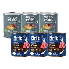 Brit Premium by Nature jautiena su triušiena 800g + WILD FARM Superfood Beef (jautiena su moliūgais, bulvėmis ir petražolėmis) 3x800 g pašaro šunims be grūdų