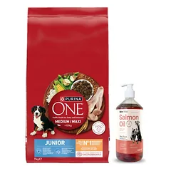  PURINA ONE Junior Medium/Maxi šuniukų maistas, turtingas vištiena ir ryžiais, 7 kg + LAB V Lašišų aliejus šunims ir katėms 1000ml