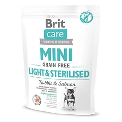 Brit Care Mini Light & Sterilised visavertis sausas maistas suaugusiems sterilizuotiems mažų veislių šunims svorio kontrolei su triušiena ir lašiša, 400 g