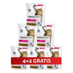 PERFECT FIT Adult 1+ 6 x 750 g visavertis sausas pašaras suaugusioms katėms, turintis daug šviežios lašišos, 4+2 GRATIS.