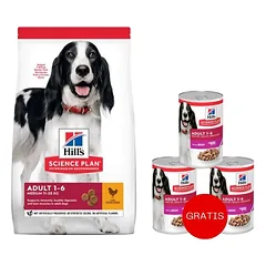 HILL'S Science Plan Adult Medium Breed 14 kg sausas pašaras vidutinių veislių suaugusiems šunims su vištiena + 3 skardinės dovanų.
