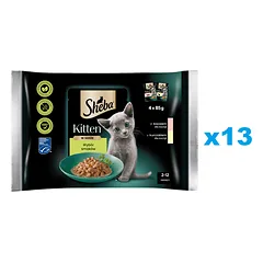 SHEBA Kitten 52x85 g drėgno visaverčio kačiukų ėdalo padažo gabalėliais su: lašiša, vištiena — 1 nuotrauka