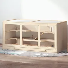 Medinis 3 aukštų žiurkėno narvas su lengvai valomu padėklu, atveriamu dangčiu ir laipteliais, 115 x 57 x 55 cm, natūralios medienos spalvos — 2 nuotrauka