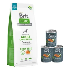 BRIT CARE Dog Grain-free Adult Large Breed Salmon 12kg + Wild Farm Superfood Salmon lašiša 3x400 g pašaro šunims be grūdų