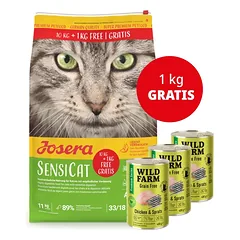 JOSERA SensiCat 10+1kg + WILD FARM Premium Grain Free Chicken and Sprats 3x400g - maistas katėms be grūdų