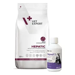 VETEXPERT Veterinary Diet Hepatic Dog 12kg + Lab-v Hepasil Dog & Cat preparatas šunų ir kačių kepenų veiklai gerinti 250 ml