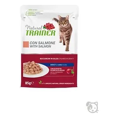 Natural Trainer Cat Salmon visavertis maistas suaugusioms katėms, gabaliukai drebučiuose su lašiša, vištiena ir spanguolių lapų ekstraktu, 85 g