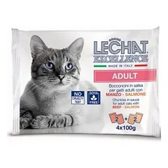 LeChat Excellence maišelis ADULT Jautienos/lašišos konservai suaugusiems katėms gabaliukais su jautiena ir lašiša, 4×100 g