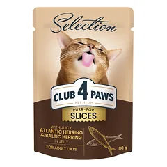 CLUB 4 PAWS Premium plus gabalėliai suaugusioms katėms su silke ir strimelėmis drebučiuose 12x85 gr