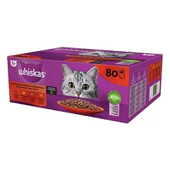 WHISKAS Adult 80x85g "Classic Meals" drėgnas visavertis pašaras suaugusioms katėms su jautiena, vištiena, ėriena, paukštiena