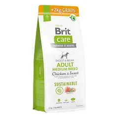 Brit Care Sustainable Adult Medium Breed Chicken&Insect sausas maistas vidutinio dydžio veislių šunims, 12+2 kg