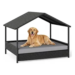 GIANTEX Outdoor Hundebett Erhöht,Rattan Mit Kissen & Schrägdach, Wetterfest