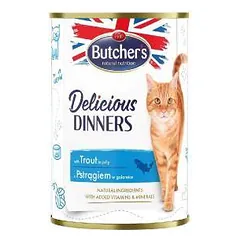 Konservuotas ėdalas katėms - Butchers CAT Delicious Dinners su upėtakio gabaliukais drebučiuose 400g