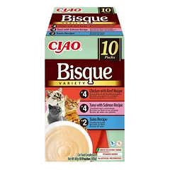 INABA Cat Ciao Bisque Variety 10x40g mišinys kreminės sriubos su tunu, jautiena ir vištiena katėms
