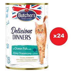 BUTCHER'S Delicious Dinners, ėdalas katėms, gabalėliai su jūros žuvimis drebučiuose 24 x 400g