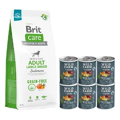 BRIT CARE Dog Grain-free Adult Large Breed Salmon 12kg + Wild Farm Superfood Beef 6x400 g pašaro šunims be grūdų