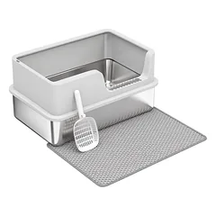 Pusiau uždaras kačių tualetas XL iš nerūdijančio plieno, 30 l, su kilimėliu ir semtuvėliu, iki 8 kg, šviesiai pilkas