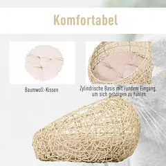 Katės namelis iš rotango su pagalvėle, Ø56 x 35 cm, smėlio spalvos — 4 nuotrauka