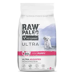 RAW PALEO Ultra Pork Mini Puppy 2 kg – sausas pašaras su kiauliena mažų veislių šuniukams