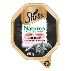 SHEBA Nature’s Collection dėžutės 22 x 85 g, visavertis šlapias pašaras suaugusioms katėms – gabalėliai su lašiša, pagardinti žirneliais padaže.