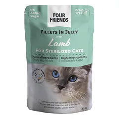 Four Friends Sterilized Lamb drėgnas pašaras katėms drebučiuose, 85 g