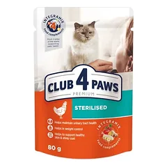 CLUB 4 PAWS Premium visavertis konservuotas maistas suaugusioms sterilizuotoms katėms „STERILISED” 80g.x24vnt.