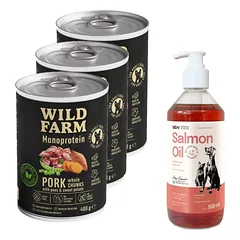 Wild Farm Monoprotein Pork 3x400g hipoalerginis maistas šunims + LAB V Lašišų aliejus šunims ir katėms 500ml