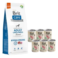 BRIT CARE Dog Hypoallergenic Adult Large Breed Lamb 12kg + Wild Farm Pate Lamb 6x400g ėrienos ėdalas šunims be glitimo