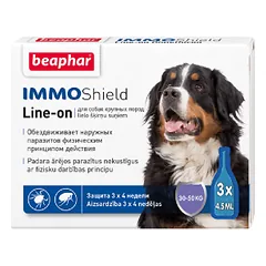 Lašai nuo blusų, erkių šunims - Beaphar IMMO SHIELD LINE-ON DOG Dideliems šunims nuo 30 iki 50 kg. 3 pipetėlės ​​po 4,5 ml