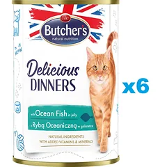 BUTCHER'S Delicious Dinners, ėdalas katėms, gabalėliai su jūros žuvimis drebučiuose, 6 x 400g