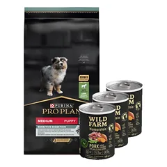 Purina Pro Plan Medium Puppy Sensitive Optidigest, ėriena ir ryžiai 12kg + Wild Farm Monoprotein Pork 3x400g hipoalerginis maistas šunims