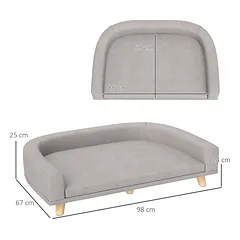 Šunų sofa dideliems šunims iki 30 kg, paminkštinta, su pušies medienos kojelėmis, 98 x 67 x 25 cm, pilka — 3 nuotrauka