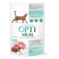 OPTIMEAL™ Visavertis konservuotas ėdalas suaugusioms katėms su plaukų sąvėlo pašalinimo efektu – su antiena ir kepenėlių gabaliukais obuolių drebučiuose 85g.x12vnt.