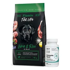 FITMIN dog For Life Lamb & Rice 12 kg + LAB-V Immuno Hard - imuniteto stiprinimas šunims ir katėms 45 kapsulės