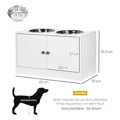 Šunų šėrimo stotelė su 2 nerūdijančio plieno dubenėliais, 44 L daiktų skyriumi ir magnetinėmis durelėmis, 60x30x35,5 cm, balta — 3 nuotrauka